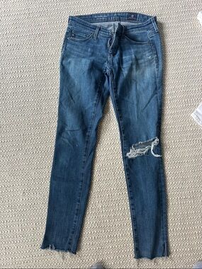 Ag Adriano Goldschmied Dark Blue Skinny Jeans with Knee Distress
